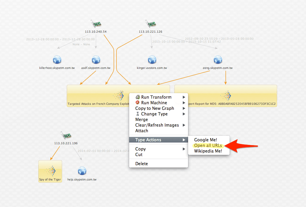 Maltego Graph for Indicators of Compromise Discovery