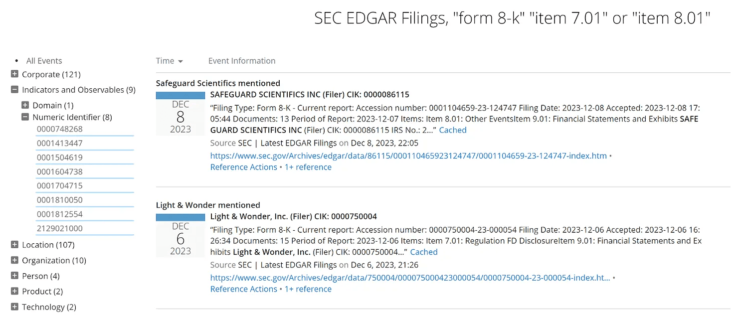 Chart: recent results for SEC form 8-k filings that contain item 7.01 or item 8.01, courtesy of Recorded Future