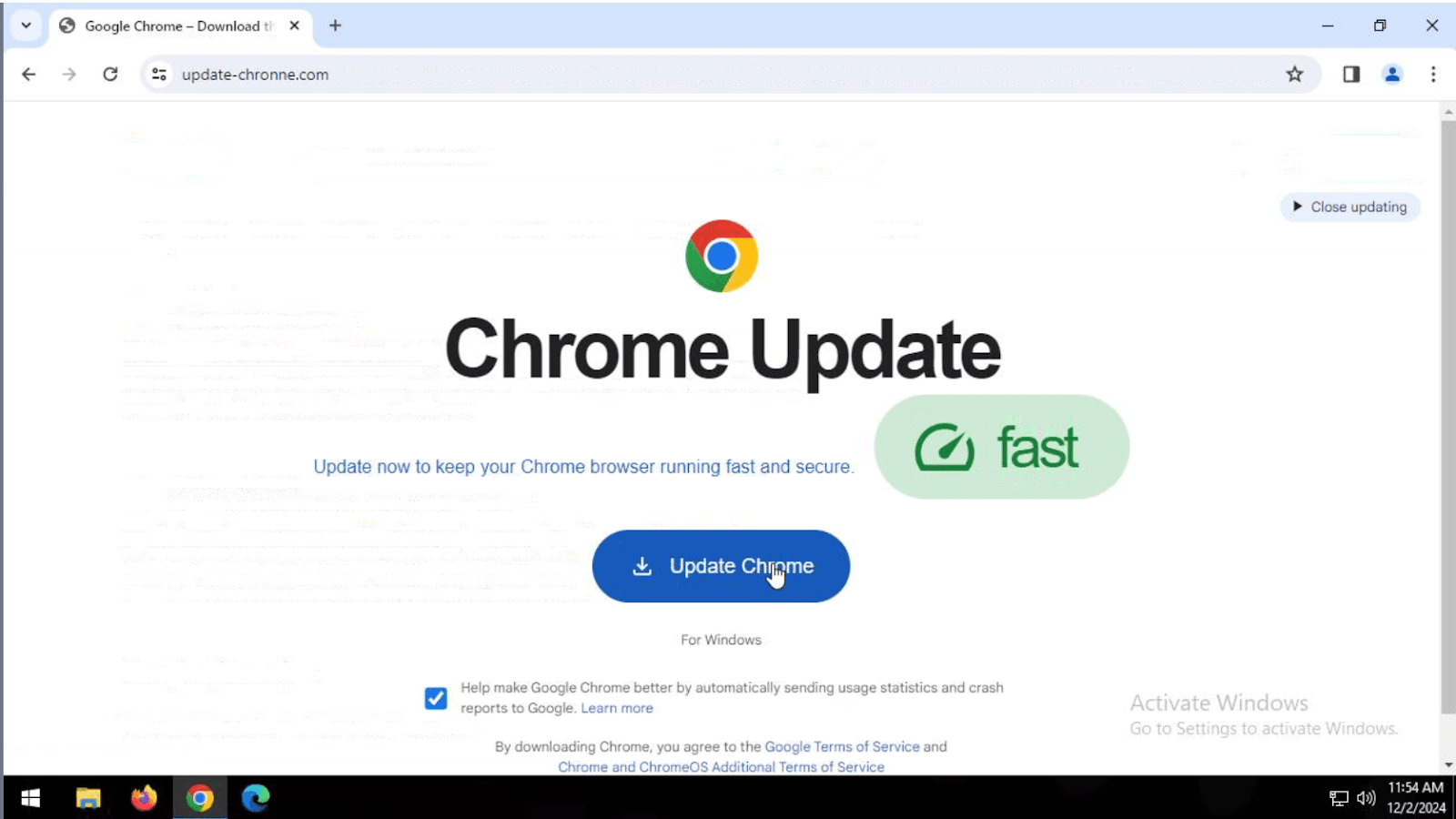 Google Chrome fake update landing page 